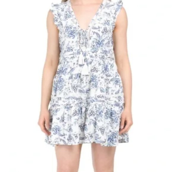 LUCKY BRAND Flutter Sleeve Lace Up Front Tiered V-Neck Mini Dress - Picture 1 of 2